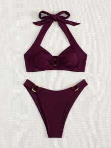 SHEIN Swim Bộ đồ bơi bikini hai mảnh màu trơn cổ yếm cho nữ mùa hè đi biển - Màu Đỏ Sâu - Xem 4