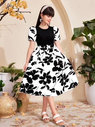 Vestido elegante de vacaciones para niñas con estampado floral, cuello redondo y manga corta