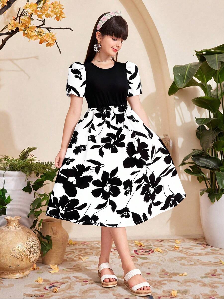 Đầm dự tiệc thanh lịch cổ tròn tay ngắn in hoa mùa hè cho bé gái - màu đen - Xem 1