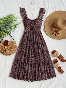 Soleia Women's Vacation Style V-Neck Shirred Waist A-Line Midi Dress, Chiffon Ruffles Cap Sleeve A-Line Dress, Summer Dress, Romantic Wedding Season Wear, Suitable For Lunch