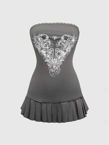 ROMWE Grunge Punk Y2K Cropped Cross Print Mini Strap Dress For Women - Dark Grey - View 1