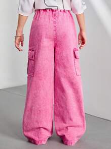 Girls' Y2K Style Washed Pink Loose Asymmetric Waist Pockets Wide Leg Jeans, Casual And Versatile For Daily Wear, Minimalist & Fashion Forward Design - Pink - View 2