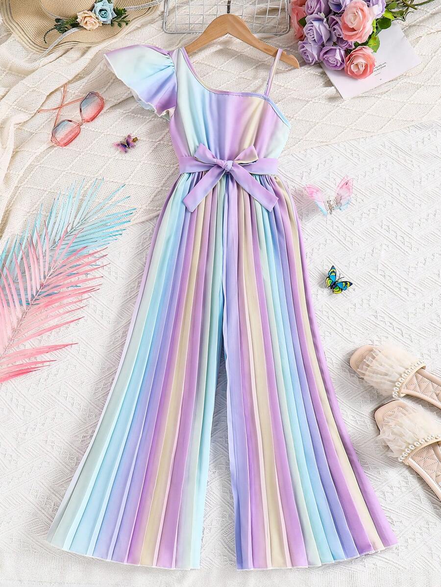 SHEIN 女童休闲渐变色花卉印花细肩带连体裤,配有可调节腰带和蝴蝶结,适合春夏季度假 - 紫色 - 查看 1