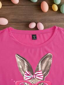 SHEIN LUNE Plus Size Women's Loose Easter Rabbit Print Crew Neck Short Sleeve T-Shirt, For Gifts - Hot Pink - View 7