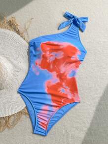 Soleia 连体泳衣，沙滩装，女士度假装，女士泳衣，女士夏季装，1 件女士蓝色底色抽象花卉印花系带连体泳衣度假装