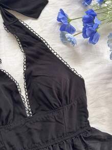 Soleia WYWH 女士度假和夏季休闲派对、毕业典礼、复活节派对午餐装，可爱刺绣蕾丝拼布弹力 V 领迷你连衣裙，适合度假、婚礼、毕业典礼、派对、下午茶 - 黑色 - 查看 4