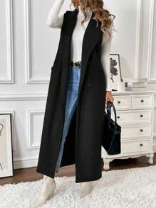 Chiquease Sleeveless Lapel Collar Double-Breasted Single-Breast Pocket Maxi Overcoat For Women - Black - View 5