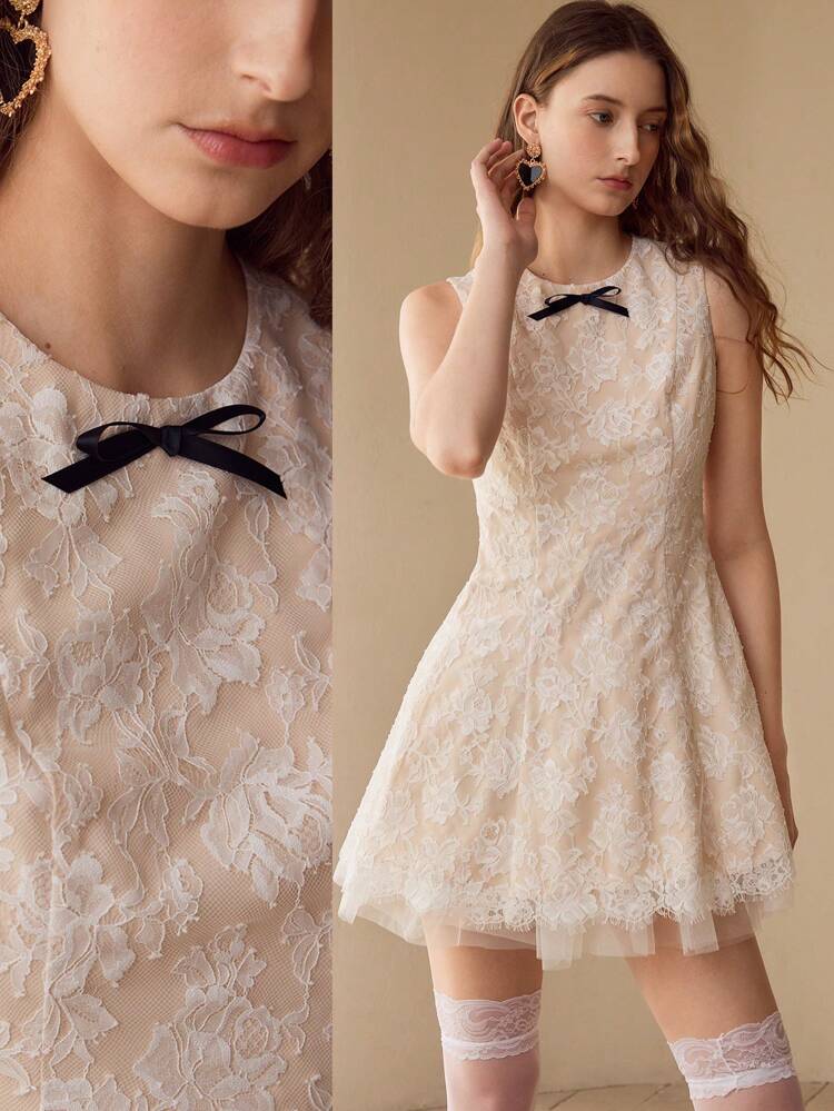 CONTRAST LACE BOW DECOR DRESS