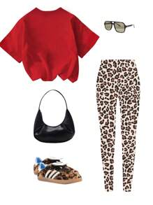 Sparklyn 女童豹纹蝴蝶结设计休闲 T 恤和长裤套装