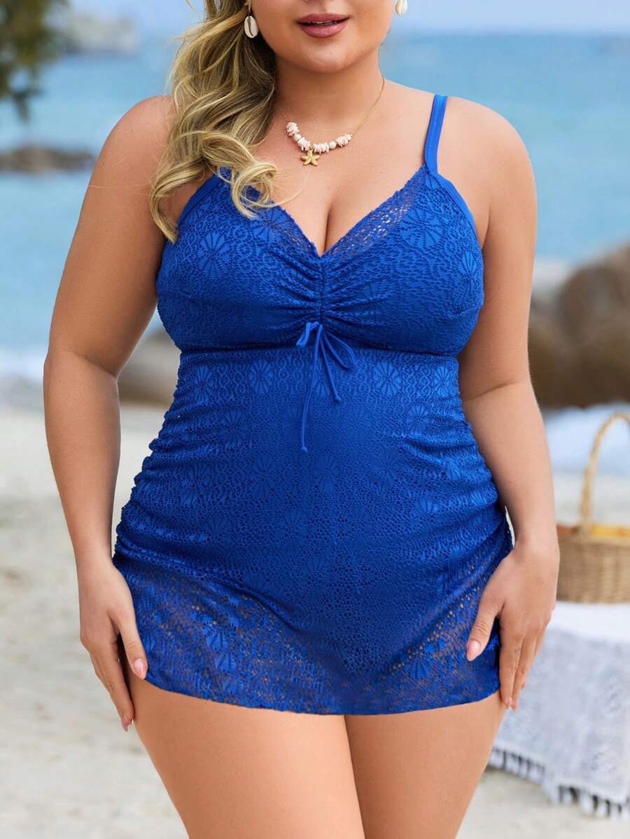 Swim Lushoire طقم ملابس سباحة بطقمين من التنكري الأزرق للمرأة متعددة الأحجام، مع سحاب, لون سادة ، ملابس سباحة محتشمة لقضاء العطلات على الشاطئ - الأزرق - مشاهدة 1