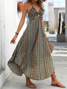 SHEIN Holidaya Women Vacation Floral Print Halter Maxi Dress With Circle Link And Side Slits Vacation Beach Outfit - Green - View 6