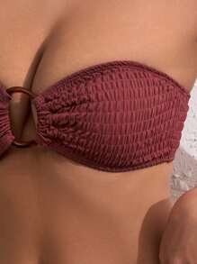 Swim Lushoire Bikini de dos piezas con volantes de unicolor para vacaciones en la playa - Café integral - Ver 3