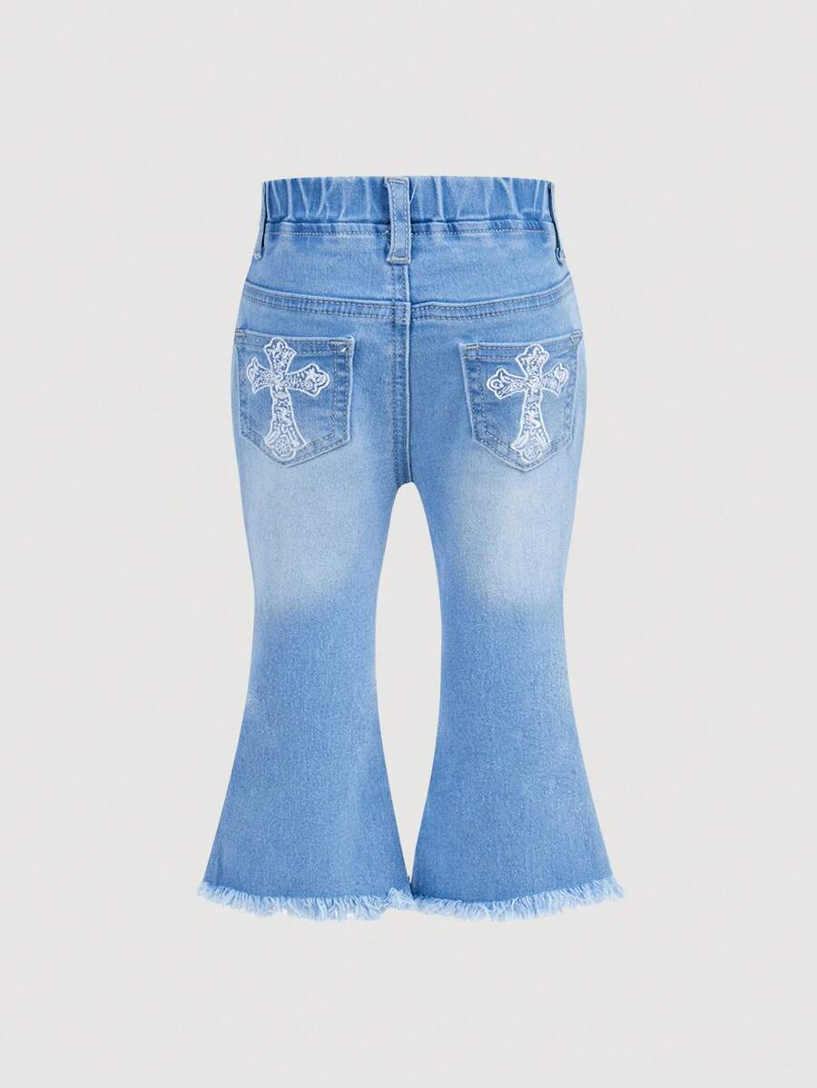 SHEIN Spodnie dzwony dla niemowląt/dziewcząt w stylu vintage w kolorze niebieskim z denimu z haftem krzyżykowym na dole - Średni jeans - Zobacz 1