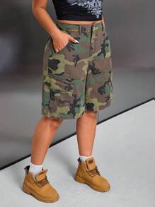SHEIN ICON Plus Size Multi-Pocket Camouflage Cargo Denim Shorts - Multicolor - View 5