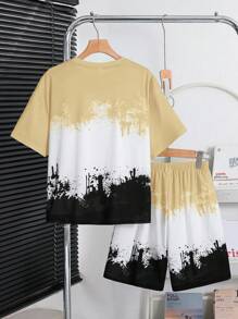 SHEIN Tween Boy Loose Streetwear Style Letter Print Short Sleeve T-Shirt And Shorts Set,Kids - Khaki - View 2