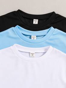 SHEIN 3pcs Tween Boy Round Neck Short Sleeve T-Shirt Set, Spring/Summer - Baby Blue - View 4