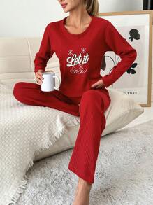 RueChic 100%Cotton Letter Graphic Ribbed Knit Tee & Pants Lounge Set - Red - View 1