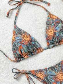 Soleia Summer Outfits For Women,Swim Suits For Women,Vacation Outfits Woman,Beach Outfits For Woman,Boho,Beachwear,Women's Colorful Retro Sun Print V-Neck Halter Neck Beach Bikini Set