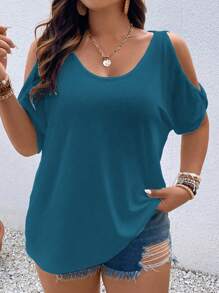 Vionelle Áo thun tay ngắn hở vai màu trơn cỡ lớn thường ngày - Màu xanh ngọc - Xem 1