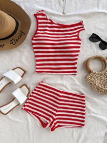 Soleia (No Chest Padding)Plus Size Women Red And White Stripe Knit Asymmetrical Neck Top & Low Waist Skinny Shorts 2 Pieces Set, - Red and White - View 3
