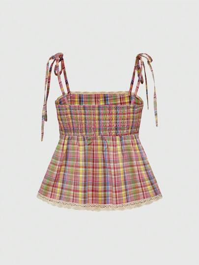 Academia Débardeur femme style vintage décontracté à lanières, avec boutons devant, motif à carreaux, dentelle