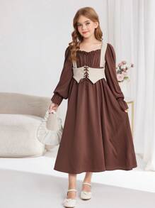 Tween Girls Contrast Color Block Waist Pleated Bust Adjustable Strap Front Ruffle Long Sleeve Square Neck Midi Dress, Suitable For Home And Outdoor ,Boho Style - Brown - View 4