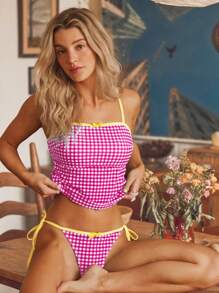 Swim Mod Set Bikini Tank Top Motif Kotak-kotak Retro Warna Kontras untuk Wanita, Cocok untuk Liburan Pantai Musim Panas - MultiWarna - View 6