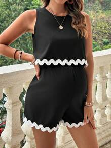 SHEIN 2pcs Maternity Sleeveless Top With S-Shape Hem Ruffle Shorts Set - Black - View 4