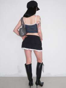 DAZY Débardeur court en patchwork de dentelle à pois Y2K pour femmes - Noir - Voir 7