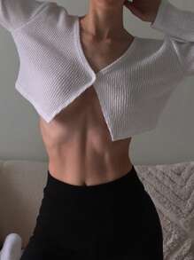 DAZY Women's Casual Solid Color V-Neck Long Sleeve Cropped Textured T-Shirt - White - View 2