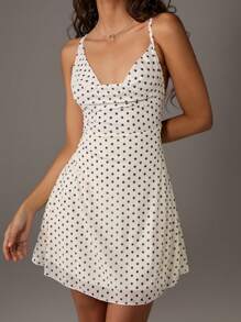 TRNVIE Women's Asymmetrical Strappy Backless Polka Dot Mesh Mini Slip Dress, Romantic Beach Holiday Style, Spring/Summer - Apricot - View 3