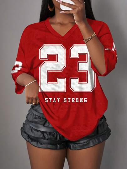 Slaydiva Casual Minimalist Alphabet & Numeric Pattern Women T-Shirt, Suitable For Summer, Red Color, Sports Uniform