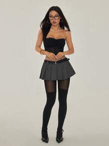 SHEIN PETITE 娇小淑女情人节情人节丝袜黑色紧身裤大码防滑过膝袜黑色网眼拼接打底裤休闲日常装简约时尚春夏装 - 黑色 - 查看 5