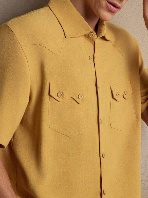 AKNOTIC Men's Casual Loose Woven Solid Color Short Sleeve Shirt, Young Fashion Everyday Wear