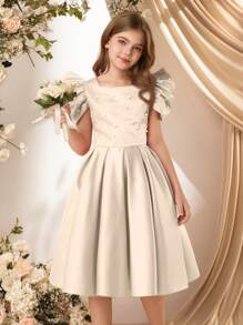 SHEIN Tween Girls' Luxurious Pearl Beaded Puff Sleeve Satin Dress, Filipiniana Terno - Apricot - View 4