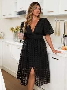 KURAYIA Elegant Sheer Puff Sleeve Shirred Black Dress For Plus Size Women, Summer - Black - View 1