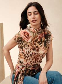 Anewsta 女士优雅现代领豹纹性感系带前收腰半透明优雅雪纺 T 恤上衣，适合夏季、假日、优雅、节日、度假、休闲 - 棕色 - 查看 7