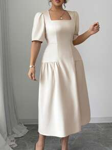 Celure Abito lungo da donna elegante e casual per primavera/estate, stile francese chic, adatto per lavoro, vacanza e occasioni formali, con scollo quadrato, drappeggio, in colore unito