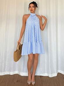 Breezaya Elegante vestido de vacaciones sin mangas con cuello halter y volantes a rayas, primavera/verano - Azul y blanco - Ver 3