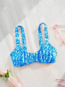 Swim Mod Spring Break Tropical Floral Ruched Wide Strap Bandeau Fashionable Sexy Women Beach Holiday Bikini Top For Summer Beach Vacation - Blue - View 6