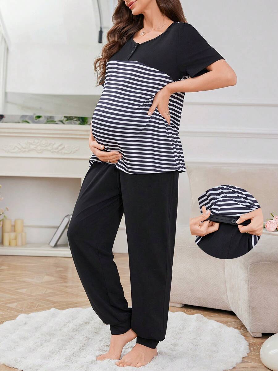 Moonlight & Mama Set de lounge cu mânecă scurtă cu jumătate de plăcuță în dungi, îmbrăcăminte de noapte casual pentru femei însărcinate