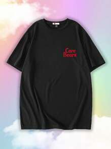 SHEIN X Care Bears 男士卡通熊印花圆领短袖 T 恤，夏季