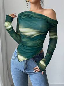 Firerie Camiseta de manga larga asimétrica de mujer elegante con estampado de teñido anudado