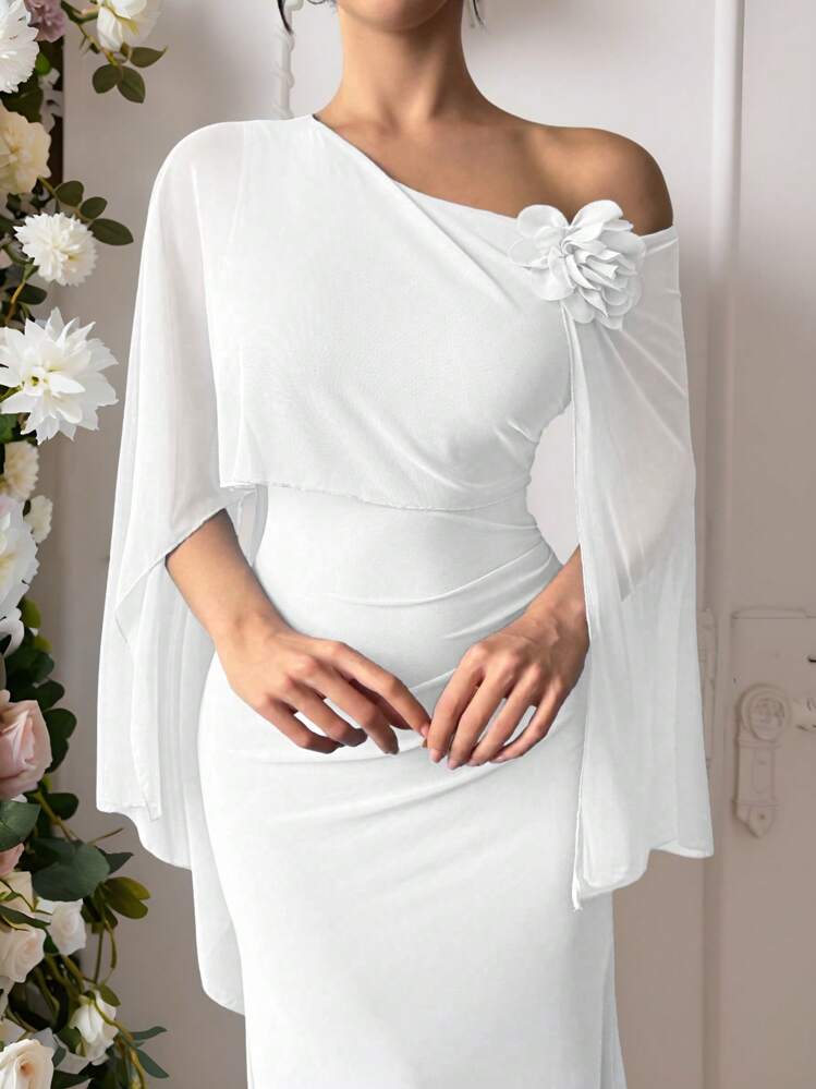 Vestido Longo Plissado em Linha A Elegante, Charmoso e Romântico, com Tule Floral 3D, Perfeito para Encontros, Danças e Festas - Branco - Visão 1
