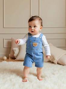 男婴刺绣熊口袋牛仔背带短裤 - 淺色水洗藍 - 查看 3
