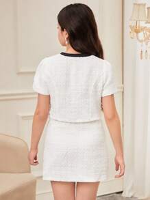 SHEIN Serisse Kids Conjunto elegante de 2 piezas para niña preadolescente, con blusa de tela de tweed con decoración de lazos y botones de perlas imitadas, y falda corte A, estilo dama elegante francés, para volver al colegio