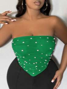 SHEIN SXY Sujetador tubo de corte para mujer talla grande con cuentas de perlas falsas y bajo con pañuelo, adecuado para citas nocturnas, cumpleaños, y atuendo para despedida de soltera
