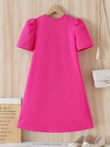 SHEIN 1 件 Tween 女童 3D 蝴蝶结装饰短袖百褶裙宽松款，春夏 - 玫紅色 - 查看 2