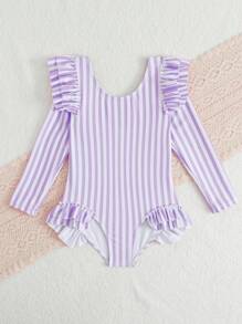Young Girl Striped Ruffle One-Piece Swimsuit, Vacation/Beach - Purple - View 4