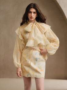 Anewsta French Brunch Floral Print Chiffon Blouse With Tie Neckline And Ruffle Trim, Elegant, Vacation, Beach, Casual, Holiday - Yellow - View 5